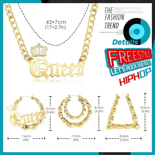 Vista 2 de sailimue Juego de collar de cadena gruesa con aretes de aro de bambú, chapado en oro de los años 8090, estilo punk hip hop, rapero, accesorios