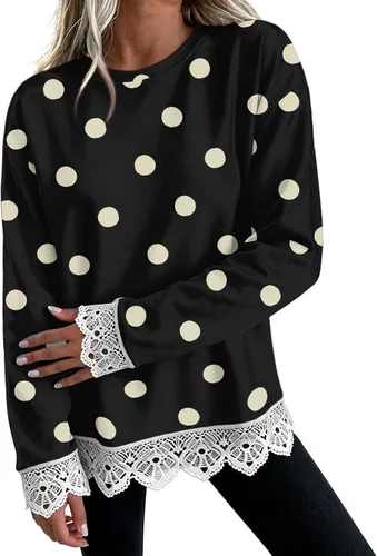Vista 23 de Fall Sweatshirts for Women Crewneck Scalloped Lace Trim Cute Pullover Tops Lightweight Long Sleeve Polka Dot Sweatshirt,Oversized Leopard Print A