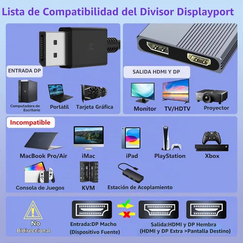 Vista 8 de Adaptador DisplayPort a HDMI, divisor de puerto de pantalla 4K a 60Hz para monitores duales, pantalla extendida, divisor DP a DP/HDMI 1 en 2 Negro