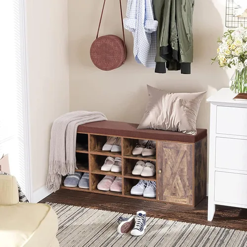 Vista 4 de MFSTUDIO Banco de almacenamiento de zapatos, banco de zapatos con armario de puerta de granero, 9 compartimentos abiertos, cojín de asiento