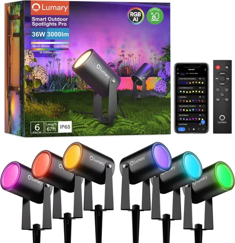 Lumary Luces de Paisaje Inteligentes Pro 500LM, Paquete de 6 Focos de Paisaje que Cambian de Color Impermeables IP65, Luces Exteriores de Bajo