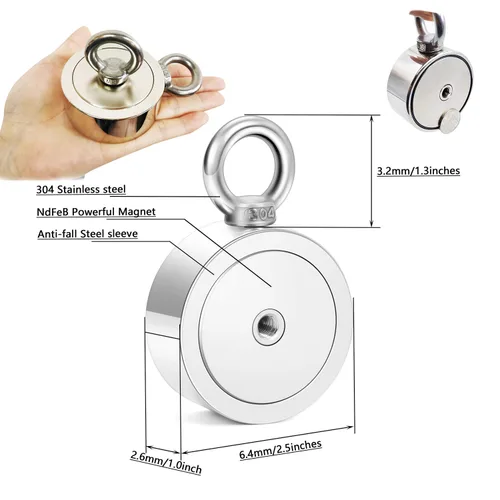 Vista 3 de Kit de pesca con imán, imanes de neodimio fuertes de 1000 libras con cuerda, imán de pesca súper potente con mosquetón de bloqueo para caza