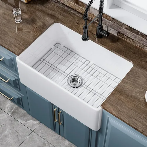 Vista 13 de Fregadero pequeño de granja de 24 x 18 pulgadas, fregadero de granja con delantal Firecaly, cuenco individual resistente, con accesorios 2 tipos