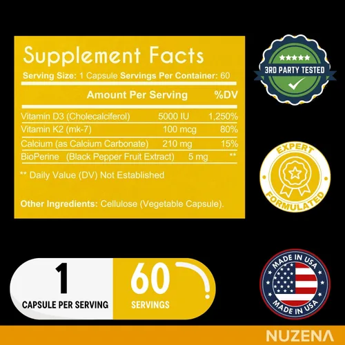 Vista 6 de Suplemento de vitamina D3 de 5000 UI con K2 (100 mcg) y calcio (210 mg) Suplemento de apoyo para huesos y articulaciones Vitamina D3 K2, colon