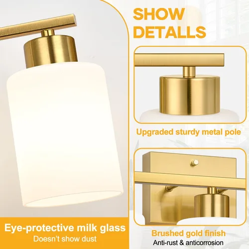 Vista 3 de Accesorios de iluminación de baño de 3 luces, luz de tocador de oro cepillado, luz de tocador de baño con pantallas de vidrio esmerilado blanco