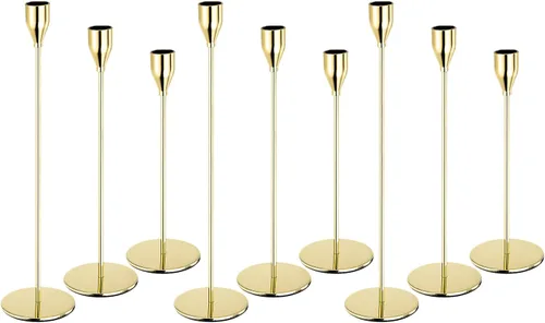 Vista 12 de PATIKIL Juego de 9 portavelas dorado, portavelas cónico largo para velas de 3/4 pulgadas para decoración de Halloween, Navidad, centro de mesa
