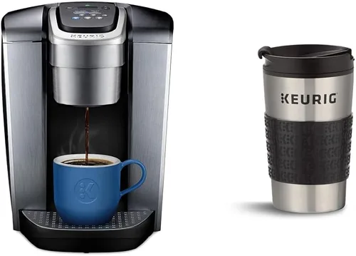 Keurig K-Elite - Cafetera de cápsulas K-Cup de una sola porción, plata cepillada y taza de viaje para cafetera de cápsulas K-Cup, 1 unidad (paquete