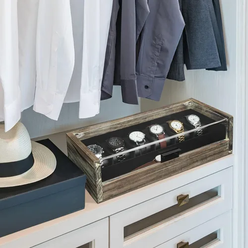 Vista 2 de J JACKCUBE DESIGN MK605B - Caja de reloj de madera rústica con ranura de 7 compartimentos, organizador de exhibición de joyas para hombres, estuche