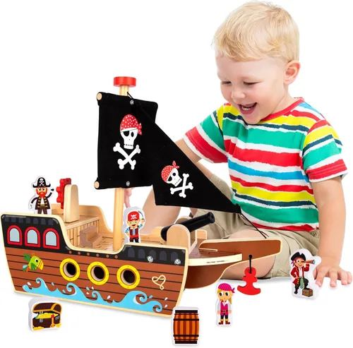 ArtCreativity Juego de juguetes de barco pirata de madera para niños, juego pirata con barco de madera, cañón, barril, cofre del tesoro, banco, 4