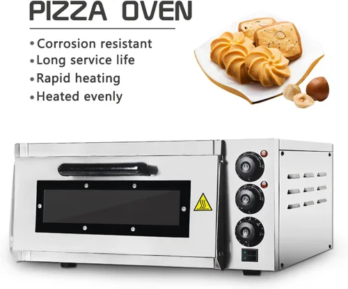 Vista 4 de Horno de pizza comercial, 16 pulgadas de una sola capa, horno eléctrico de acero inoxidable de 2000 W con piedra y estante, multiuso para pizza