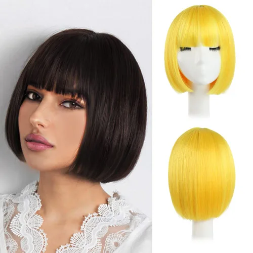 Vista 38 de Pelucas Bob con flequillo, peluca de cabello castaño rojizo de 10 Caoba