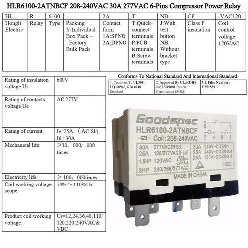 Vista 2 de Relé de potencia del compresor de 6 pines HLR6100-2ATNBCF 208-240VAC 30A 277VAC