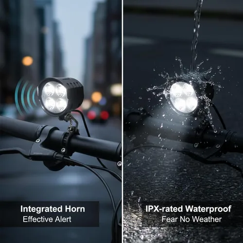 Vista 5 de Faro delantero Ebike de 3 pines - PSLER 36V-72V barra de luz para bicicleta, luz delantera de bicicleta eléctrica con bocina