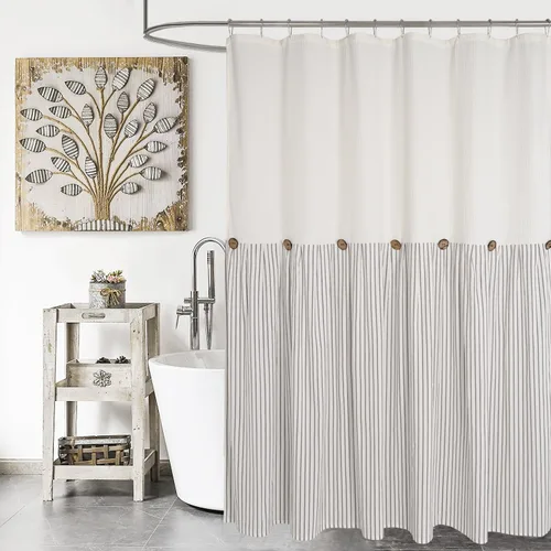Vista 31 de DOSLY IDÉES Cortina de ducha de granja, rayada en beige y negro, gofre beige spa, cortina con botón, tela tejida de algodón, estilo campestre