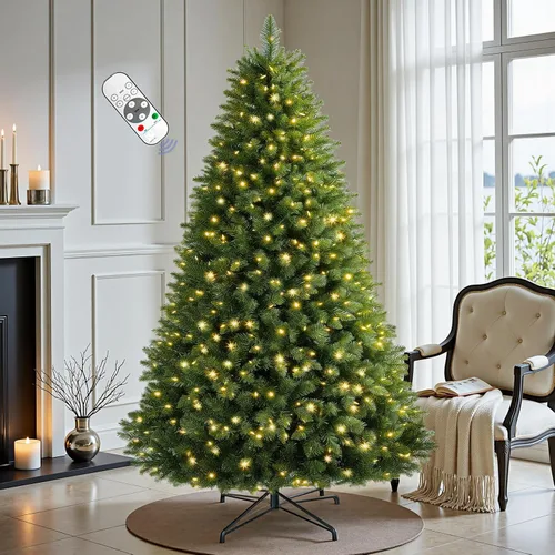 Árbol de Navidad de abeto preiluminado de 6 pies con control remoto, 300 luces LED de cambio de color blanco cálido multicolor, artificial con