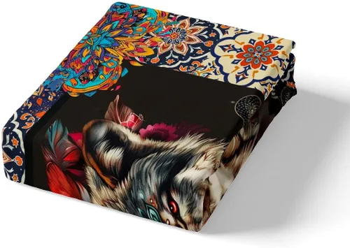 Vista 4 de Funda de edredón de lobo, juego de ropa de cama con estampado de mandala para niños, funda de edredón bohemia con atrapasueños para decoración