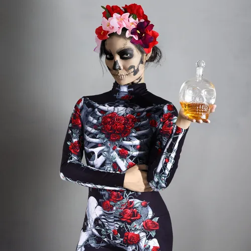Vista 7 de Womens Halloween Costume Skeleton Jumpsuit Bodysuit Costume with Face Tattoos and Flower Crown Headband
