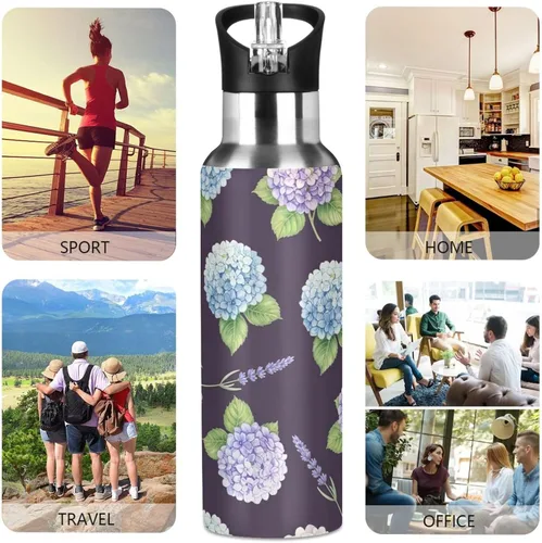 Vista 5 de Hydrangea Lavender Purple Blue Stainless Steel Water Bottle 20 Oz Leakproof Water Bottles, BPA-Free Sports Water Bottle with Straw