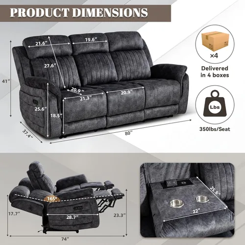 Vista 2 de Sofá Reclinable Eléctrico de Gravedad Cero – Sofá Reclinable Eléctrico con Mesa Desplegable y Carga Inalámbrica, Sofá Reclinable Doble de 3 Plazas