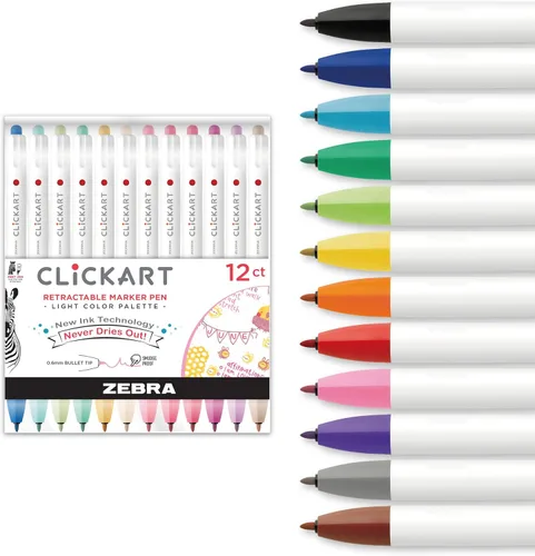 Vista 15 de Zebra Pen Click Art - Rotulador retráctil, punta fina, 0.024 pulgadas (0.6mm), colores surtidos, paquete de 6