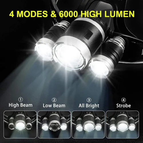 Vista 2 de Linterna frontal recargable, lámpara de cabeza de 6000 lúmenes de alto, luz LED súper brillante, 4 modos IPX5, linterna de cabeza impermeable, 90