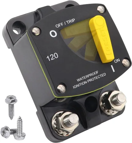 Vista 47 de Disyuntor de pernos Hi-Amp E9 T3 250A de 3/8 pulgadas con reinicio manual 12 V - 48 V CC Impermeable IP67, montaje en superficie, 250 amperios