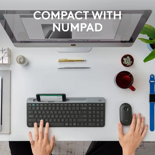 Vista 3 de Logitech K585 Teclado inalámbrico delgado multidispositivo, base integrada para dispositivo; para laptop, tableta, escritorio, teléfono inteligente