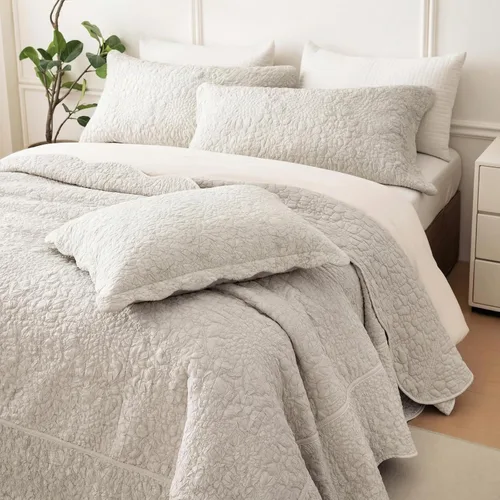 Vista 12 de Lady Ann Juego de colcha tamaño Queen 3 piezas, juego de edredón lavado blanco, colcha con volantes acolchada estilo rústico y elegante, juego