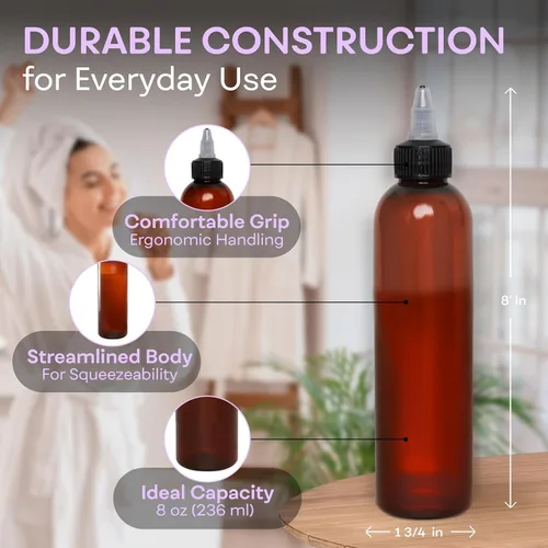 Vista 2 de BRIGHTFROM Botellas aplicadoras con tapa giratoria, 8 onzas, botellas de plástico vacías para apretar, boquilla negra, sin BPA, PET, recargable