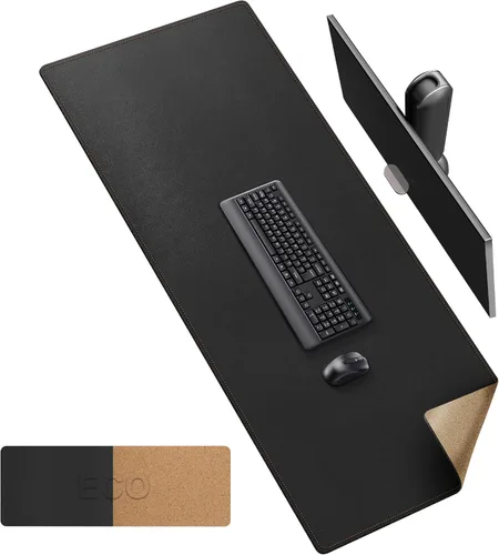 Vista 45 de MAIDERN Tapete de escritorio XXL de corcho y cuero, de 47.2 x 23.6 pulgadas, protector reversible para mouse de escritorio completo (negro)