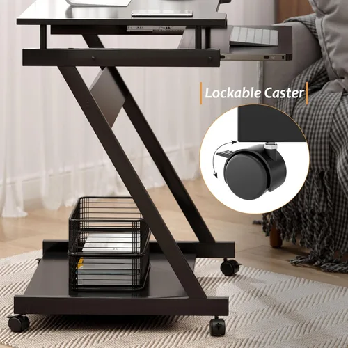 Vista 7 de soges Escritorio pequeño para computadora, carrito de escritorio para computadora portátil en forma de Z con ruedas, estación de trabajo