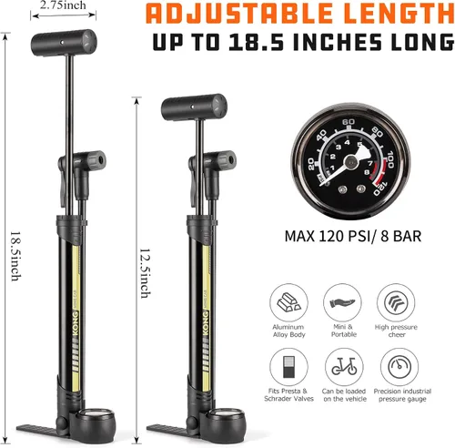 Vista 5 de Bomba de bicicleta con medidor PSI, bomba portátil para neumáticos de bicicleta, bomba de aire de bicicleta de 120 PSI para válvulas Presta y Gris