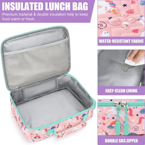 Vista 6 de Fimibuke Lonchera Bento para Niños con 4 Compartimentos, Bolsa de Almuerzo Aislada, Botella de Agua Aislada de Acero Inoxidable, Paquete de Hielo