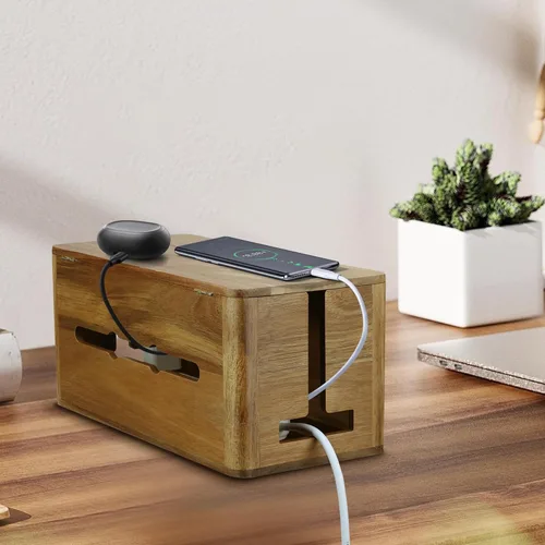 Vista 5 de Caja grande de gestión de cables estilo madera de acacia, organizador de cables con cubiertas de salida magnéticas, organizador de cables