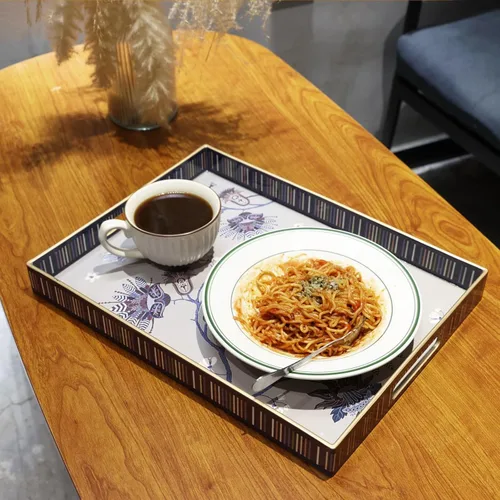 Vista 7 de Bandeja rectangular de plástico para servir con asas, elegante bandeja decorativa para mesa de café, otomana, sala de estar, cocina, uso al aire