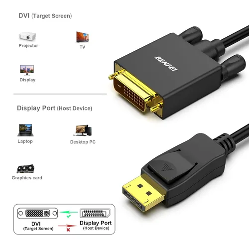 Vista 7 de BENFEI Cable DisplayPort a DVI de 10 pies, adaptador unidireccional DisplayPort de computadora a monitor DVI-D de 1080P a 60Hz macho a macho, cable