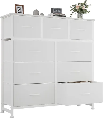 Vista 18 de OLIXIS Cómoda de almacenamiento de 9 cajones con tapa de madera - Organizador de cómoda de tela ancha para dormitorio, clóset, sala de estar