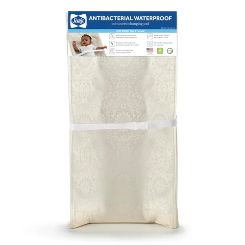 Sealy Baby Cambiador de pañales contorneado de 2 caras antibacteriano impermeable para tocador o mesa, superficie duradera y fácil de limpiar,