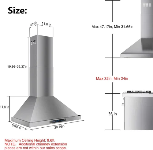 Vista 7 de IKTCH Campana extractora negra de 30 pulgadas, campana de ventilación de cocina de 900 CFM, sin conductos/conductos, acero inoxidable con control