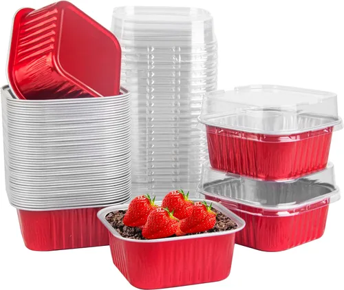 Vista 13 de 50 piezas de mini tazas cuadradas para hornear con tapas, mini moldes de papel de aluminio de 5 onzas con tapas, moldes desechables ramekins