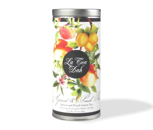 Té verde albaricoque y melocotón de La Tea Dah, delicioso té de melocotón afrutado hecho con hojas de té verde de pólvora ligeramente cafeinadas y