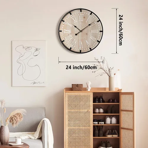 Vista 9 de Vantic Farmhouse - Reloj de pared decorativo extra grande de 24 pulgadas con círculo de metal, reloj de pared de madera de gran tamaño con número