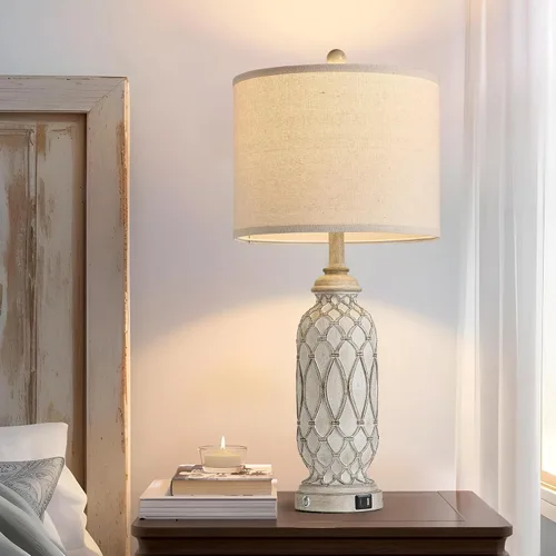 Vista 2 de Lámparas de Mesa de Estilo Granja para Dormitorio, Juego de 2, Lámpara de Noche Rústica de 28 pulgadas con Puertos USB, Lámpara de Mesa de Noche