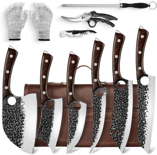 DRGSKL Juego de cuchillos de chef serbio, juego de cuchillos forjados a mano con bolsa, juegos de cuchillos de cocina de espiga completa con acero
