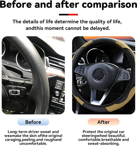Vista 3 de Funda de volante de coche, 38 cm, de fibra de carbono, de microfibra, de PU, de cuero elástico, protector de volante antideslizante y transpirable