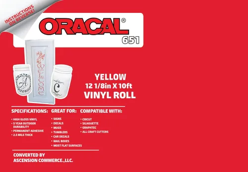 Vista 2 de 12 in X 10/20 ft rollo de vinilo adhesivo permanente brillante/mate Oracal 651. Cortadora para artesanías, perforadora., Amarillo, 10
