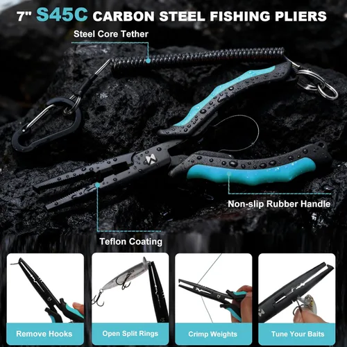 Vista 3 de BasicGear Juego de herramientas de pesca - Alicates de 7 pulgadas, pinza de labio de pez de 9.5 pulgadas, tijeras de 4.5 pulgadas, cuchillo