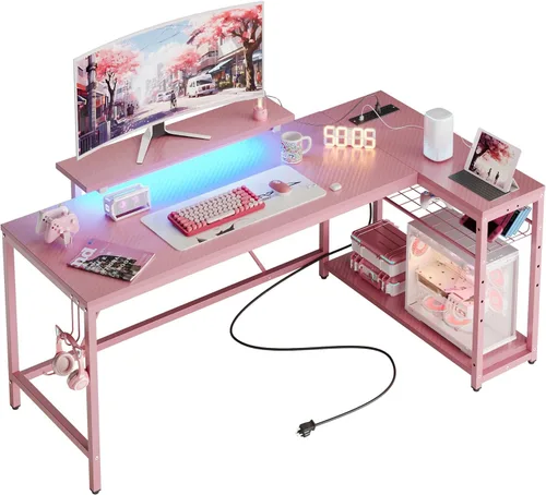 Vista 16 de Bestier Escritorio para juegos de 52 pulgadas con toma de corriente integrada y puertos USB, escritorio para computadora en forma de L con tira LED
