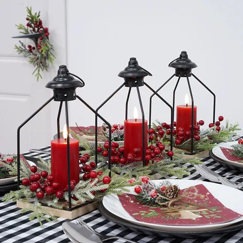 Vista 6 de Rhytsing Centros de mesa de Navidad, farol decorativo de 10 pulgadas de alto con cera real, vela LED roja sin llama y anillo de vela de cedro