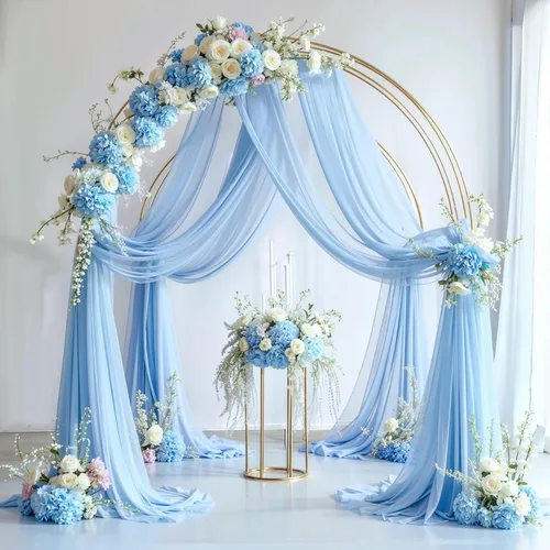 Vista 6 de Tela drapeada para arco de boda, 1 panel de 18 pies, cortina de telón de fondo transparente azul bebé, cortina de gasa para boda, arco, ceremonia